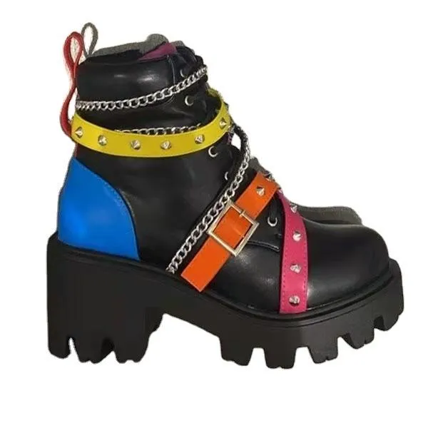 Women multicolor patchwork rivets straps chunky platform bootis | Stempunk studded ankle boots