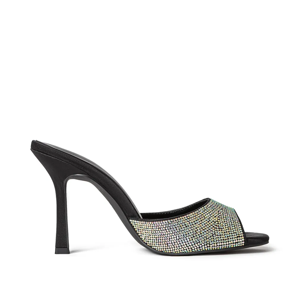 Yasmeen Black Satin & Crystal Mules