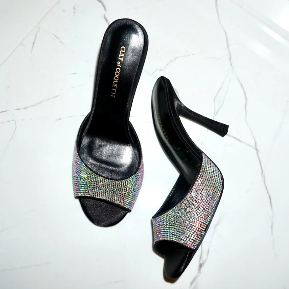 Yasmeen Black Satin & Crystal Mules